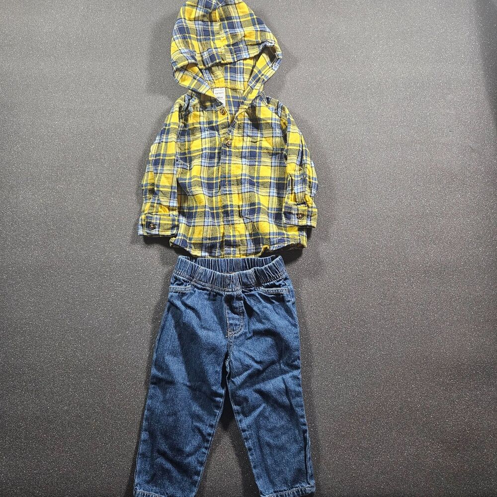 Carter's 2Pc Outfit Set 18M Plaid Hooded Shirt Denim Pants Toddler